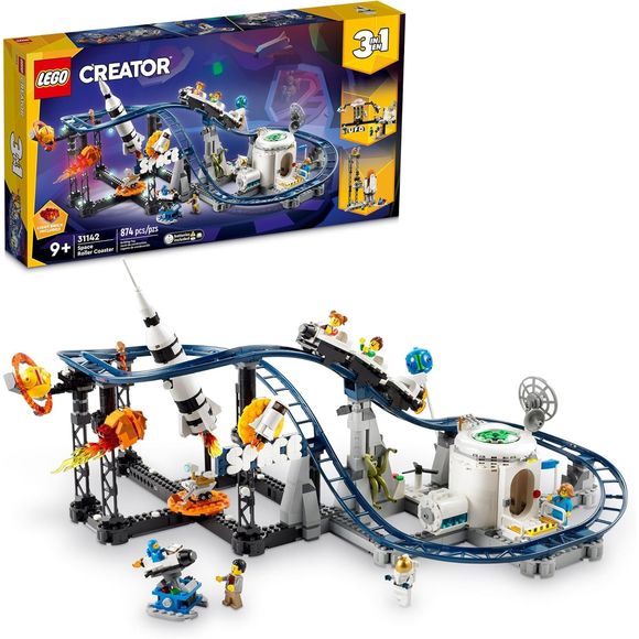 Space fans ages 9+ enjoy an exhilarating trip to an amusement park with this highly detailed LEGO Creator 3-in 1 Space Roller Coaster (31142). The playset includes a winding roller coaster track featuring 3 moving carts for fun rides, which zoom past a decorative space rocket, models of Saturn and Earth, a moon base and a shooting star. There is also a cool meteor with a light brick that can be illuminated, plus 5 minifigures. Kids can choose 3 different amusement park rides to build in this unique LEGO Cre