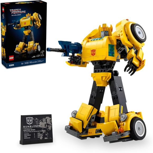 Rekindle your passion for the Transformers universe with this LEGO® Icons Transformers Bumblebee (10338) building project for adults. Craft a meticulously detailed model of the iconic 1980s robot action figure that converts from Auto bot to vehicle mode. The Auto bot comes with articulated joints, an ion blaster and a jetpack. A display plaque listing power statistics adds the finishing touch for a captivating display. 950 pieces.