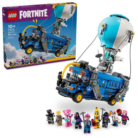 Jump into adventure with the LEGO Fortnite Battle Bus (77073) video game toy for fans ages 10 and up. This building set lets gamers recreate the iconic Fortnite vehicle. The LEGO Fortnite Battle Bus features rolling wheels, a removable roof and the instantly recognizable hot-air balloon. But that’s just the start! Once the bus is complete, Fortnite fans will delight in discovering classic accessories such as Slurp Juice, a Grappler, Pickaxes and Slap Juice, as well as 9 minifigures in iconic Fortnite skins.