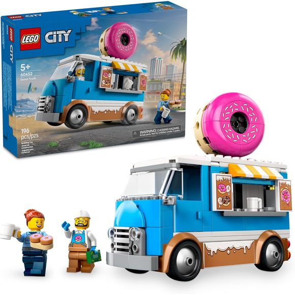 Kids can indulge their sweet tooth with the LEGO City Donut Truck (60452) building toy for boys and girls ages 5 and up. This sweet toy for kids is filled with delicious icing decorations, giant roof donut and an accessible prep area with a coffee machine and cash register. Little ones can serve up tasty donuts and drinks from the service window and detach the kiosk building block for added play options. Just add the vendor and customer minifigures, along with creativity for hours of pretend play. Inside th