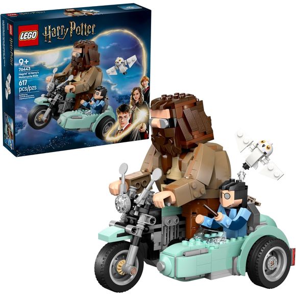 Hold on tight for Hagrid™ & Harry’s Motorcycle Ride (76443) with this magical toy for girls, boys and any fans of the Wizarding World. A cool birthday gift for kids aged 9 and up, this LEGO® Harry Potter™ play-and-display set features built-in, posable Harry Potter, Hedwig™ and Rubeus Hagrid toy figures riding on a motorbike and in its sidecar. The LEGO brick-built vehicle toy’s wheels turn so kids can play out iconic Harry Potter and the Deathly Hallows™ scenes, or the model can be displayed as striking Ha