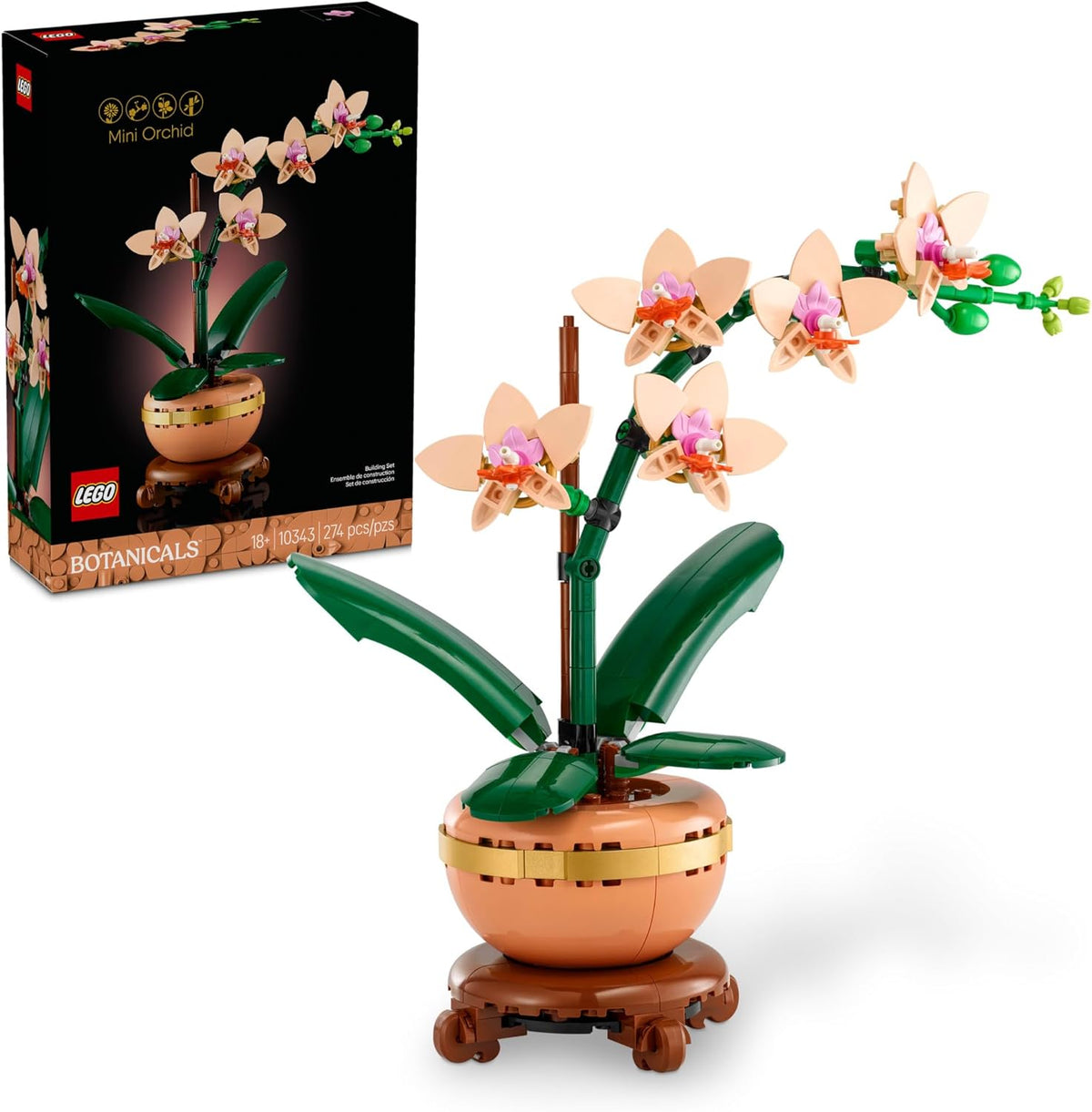 Let your creativity blossom with the LEGO Botanicals Mini Orchid (10343) building kit for adults. This decorative plant makes a great gift for women, men and gardeners. Use adult building blocks to make the DIY orchid as a stunning floral display, complete with a light terracotta flowerpot and a beautiful wood-effect plinth. The lifelike replica features 5 orchids in bloom and a few budding flowers, plus leaves for extra greenery. And it never needs to be watered! Bring the tranquility of nature into any li