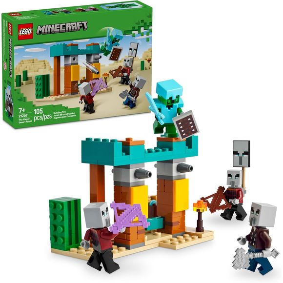 Discover action-packed adventure in the LEGO Minecraft The Illager Desert Patrol (21267) building toy for kids ages 7 and up. With 4 LEGO Minecraft figures, fun features and authentic accessories, this building toy lets kids enjoy hours of fun pretend play. Set in a Minecraft desert outpost, kids can role-play as a Cactus Knight decorated with diamond armor, a shield and a sword. When 3 illager Minecraft figures arrive to steal treasure, kids must defend the outpost. The toy building set includes missiles t