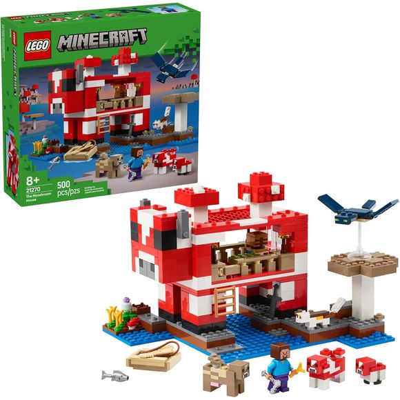 LEGO Minecraft The Mooshroom House (21270) building toy is perfect for kids and video game fans ages 8 and up who love crafting homes, tending to animals and fending off the occasional air attack! This engaging playset is an excellent Minecraft toy for girls and boys. Set in the mushroom island, this LEGO Minecraft toy building set includes 6 figures: the popular character Steve as well as a red mooshroom, baby red mooshroom, brown mooshroom, calico cat and the hostile flying phantom. Kids can enjoy hours o