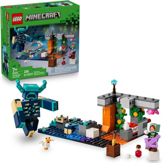 Descend into Minecraft's darkest depths with the LEGO Minecraft Warden Encounter (21274). Kids ages 7 and up will face the game's most terrifying mob as they build this perilous cave adventure. Young explorers build the large Warden figure and pose it for battle against a Silent Ranger minifigure and chicken companion. Then, the fun begins as characters trigger 'explosive' TNT, dodge falling rocks, mine precious gems, and uncover potions and carrots to restore health. Perfect for young Minecraft fans, this