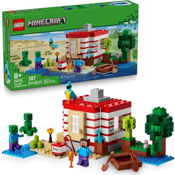 BOOM! CRASH! With the LEGO Minecraft TNT Jungle House (21275), kids ages 8 years old and older can build a jungle hideaway shaped like the game's iconic TNT block, then trigger explosive action with the flick of a switch. Young Minecraft enthusiasts will love watching walls and ceiling dramatically collapse during the explosive function, then rebuilding for another round of adventure. The set includes a Steve minifigure ready to take on Creeper and zombie foes, and authentic game accessories like a boat, fi