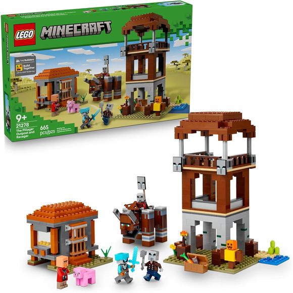 Take cover—raid incoming! The LEGO Minecraft The Pillager Outpost and Ravager (21278) building set captures one of the game's most intense challenges for kids ages 9 and up. Minecraft players across the world know what it means to hear the raid horn blast—now they can recreate those epic gaming moments with LEGO bricks! Kids can construct a three-story watchtower complete with pillager banners and a chest full of loot, then build a fearsome ravager featuring lever-operated snapping jaws and head-butting act