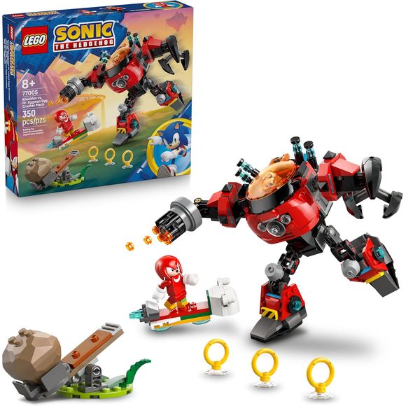Chaos has been unleashed! Young gaming fans ages 8 years old and up can build epic Sonic adventures with the LEGO Sonic the Hedgehog Knuckles vs. Dr. Eggman Egg Crusher Mech (77005) building set. This action-packed Sonic toy brings the high-speed world of gaming to life as kids construct Dr. Eggman's massive mechanical destroyer, complete with an opening cockpit, a giant spinning claw, a rotating 6-stud launcher, and articulated limbs for maximum battle action. The power of Angel Island comes to life as Knu