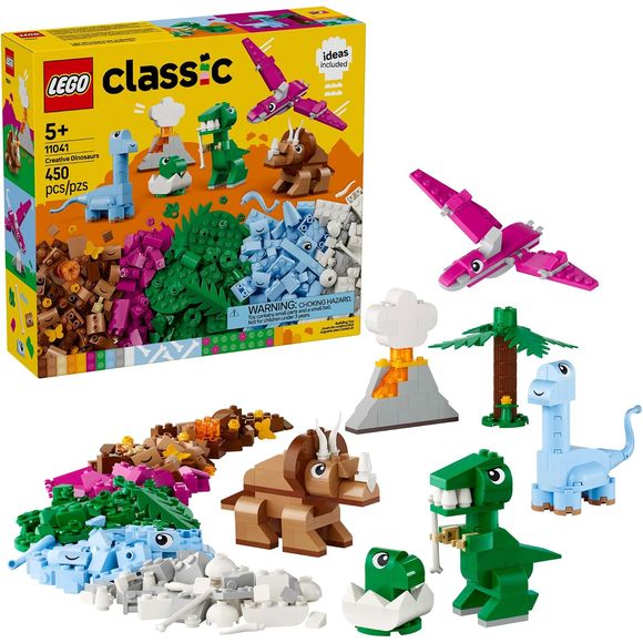 LEGO® Classic Creative Dinosaurs (11041) is a kids’ dinosaur toy featuring brick-built figures in blue, green, purple and brown. This endlessly versatile building set gift for kids is a great toy for developing creative construction skills in dino-loving youngsters aged 5 and up. The quick-to-build LEGO dinosaur toys include a T. rex, pterosaur, triceratops, brontosaurus and a baby T. rex in an egg, and the set comes with a volcano, palm tree and accessories to inspire kids’ pretend play. As well as colorfu