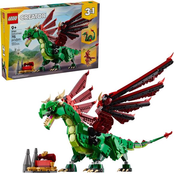 Delight your little time traveler with this LEGO® Creator Medieval Dragon (31161) creature toy playset. Featuring a dragon figure that lets boys and girls aged 9 and up role-play thrilling medieval action, it has a pair of large posable wings that move up and down and fold in and out, as well as posable ankles, toes, neck, jaw, hips and shoulders. It also comes with a treasure chest for added play value. Fans of mythical animals can build 3 different playsets with the same set of bricks: a posable dragon fi