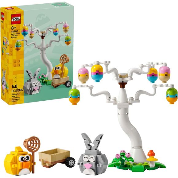 Kids celebrate Spring with the LEGO Easter Bunny and Chick Egg Hunt (40808) building toy for boys and girls ages 8 years old and up. This colorful building set lets kids create a vibrant Easter scene featuring a tree in a meadow with flowers and mushrooms, 2 animal figures and 6 buildable eggs. Builders can attach the brightly colored eggs to the tree branches, then help the Easter Bunny and chick collect them using the net and store them in the wagon with rolling wheels. This set includes a mischievous Eas