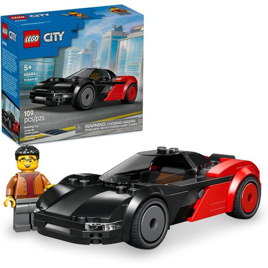 Young sports car fans can race into the future with the LEGO City EV Supercar (60486) building toy for kids ages 5 years old and up. This easy-to-build electric sports car toy is packed with realistic details, including sleek aerodynamic bodywork with a bold red and black color scheme, low-profile rubber tires, a taillight bar and a tinted cockpit canopy. Kids can open the rear hatch to access the toy battery pack and place the driver minifigure behind the wheel for hours of fast-paced pretend play racing a