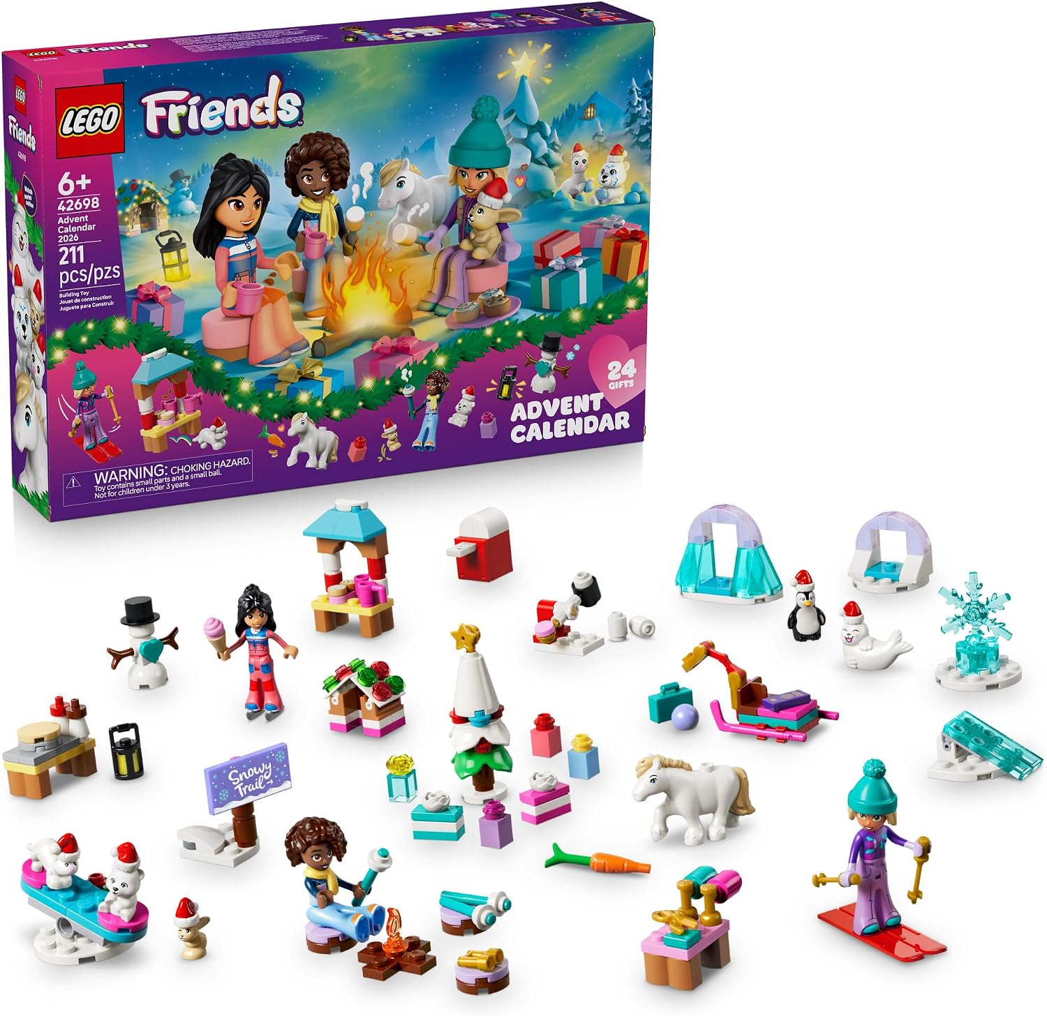 Reveal a magical winter wonderland with the LEGO® Friends Advent Calendar 2026 (42698) building toy. This holiday-themed set includes 24 days of adventure as kids get ready for the arrival of Christmas. Unwrap a new surprise each day, including 3 minidolls and 6 mini animal figures: a seal, pony, weasel, polar bear, penguin and a bunny. Each new Christmas toy adds to the festive scene and includes minidolls Nova, Liann and Aliya as they write to Santa, wrap gifts, throw snowballs and more. Accessories inclu