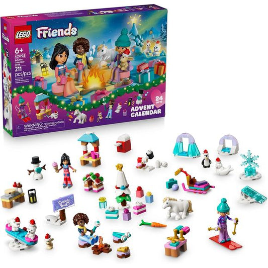Reveal a magical winter wonderland with the LEGO® Friends Advent Calendar 2026 (42698) building toy. This holiday-themed set includes 24 days of adventure as kids get ready for the arrival of Christmas. Unwrap a new surprise each day, including 3 minidolls and 6 mini animal figures: a seal, pony, weasel, polar bear, penguin and a bunny. Each new Christmas toy adds to the festive scene and includes minidolls Nova, Liann and Aliya as they write to Santa, wrap gifts, throw snowballs and more. Accessories inclu