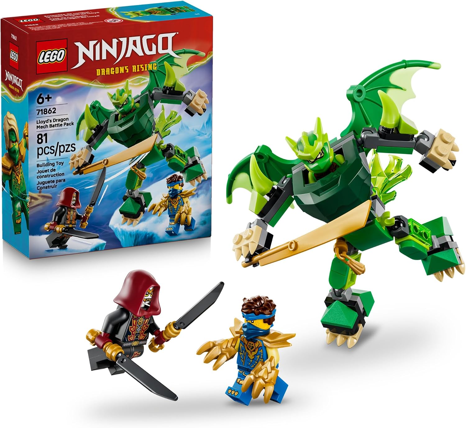 Recreate action-packed scenes from season 4 of the NINJAGO® Dragons Rising TV show with Lloyd’s Dragon Mech Battle Pack (71862), an epic action figure playset for boys and girls ages 6 and up. This building set features a battle dragon mech with posable arms, hands, legs, feet, wings and tail and an opening cockpit with room for a minifigure and a sword accessory. Equip the 3 minifigures with their weapon accessories and role-play epic good vs. evil battle: Lloyd with his golden sword, Jay with a set of cla