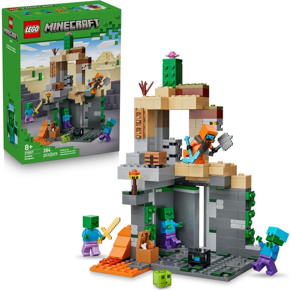 Gaming fans take on a horde of Minecraft zombies with the LEGO Minecraft Zombie Dungeon (21587) building toy for boys and girls ages 8 years old and up. This building playset with toy figures is set in the Minecraft desert biome and features a zombie dungeon filled with Minecraft figures, authentic gaming accessories, plus fun features. The dungeon action features a Wastelands Wanderer – equipped with a diamond pickaxe, mace and netherite armor – a slime and 3 zombies, including one with enchanted leggings
