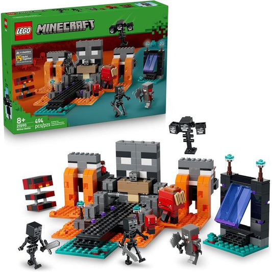 Minecraft fans can battle the wither boss in the warped forest biome with the LEGO Minecraft Wither Battle (21590) building toy for boys and girls ages 8 years old and up. This LEGO Minecraft set is packed with action and authentic details from the game. The set includes a Crimson Warrior, 2 wither skeletons, a strider, a baby strider, a magma cube and a buildable wither boss. Kids can travel through a Nether portal to reach a shrine with a crafting table and a hidden wither that can be summoned with an exp
