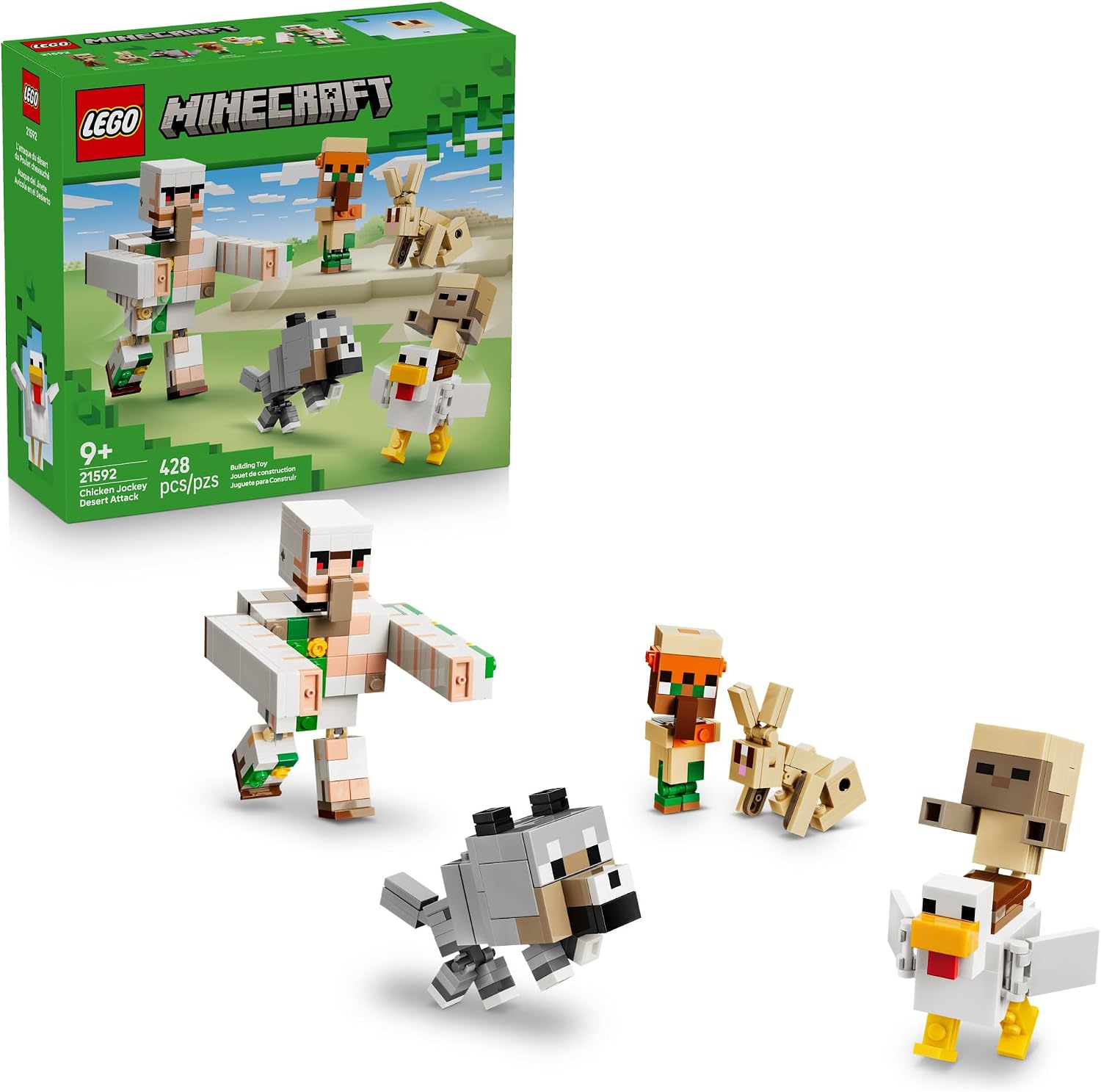 Minecraft® players can enjoy hands-on pretend play with Chicken Jockey Desert Attack (21592), a LEGO® building toy for boys and girls 9 years old and up. The set includes 6 well-known, posable Minecraft characters: a baby husk, chicken, rabbit, baby villager, baby wolf and an iron golem. Kids can recreate Minecraft action by putting the baby husk on the chicken to make a chicken jockey, adding a collar to tame the wild baby wolf, and launching an arm-swinging golem attack by pressing the model’s head. This