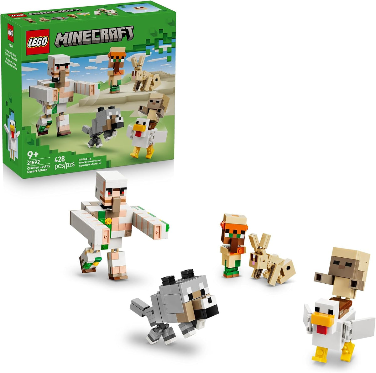 Minecraft® players can enjoy hands-on pretend play with Chicken Jockey Desert Attack (21592), a LEGO® building toy for boys and girls 9 years old and up. The set includes 6 well-known, posable Minecraft characters: a baby husk, chicken, rabbit, baby villager, baby wolf and an iron golem. Kids can recreate Minecraft action by putting the baby husk on the chicken to make a chicken jockey, adding a collar to tame the wild baby wolf, and launching an arm-swinging golem attack by pressing the model’s head. This