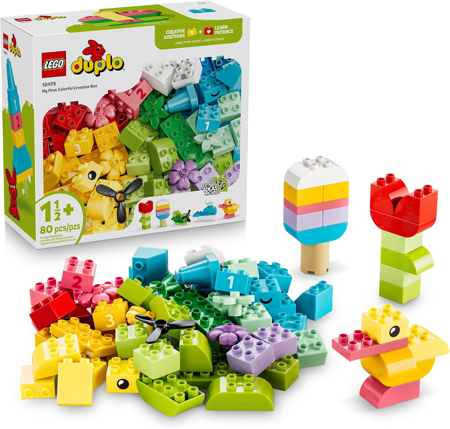 Ignite toddlers’ excitement and imagination with the LEGO® DUPLO® Classic Colorful Creative Box (10479) building toy. Unbox limitless creative play possibilities for kids as they assemble and reassemble the 80 pieces to free-build a range of toy animals, vehicles, food and more. With its assortment of colorful bricks, pieces and accessories, this creative set can fire young kids’ inventiveness. If they’re struggling to know where to start, the included inspirational instructions can provide construction ide
