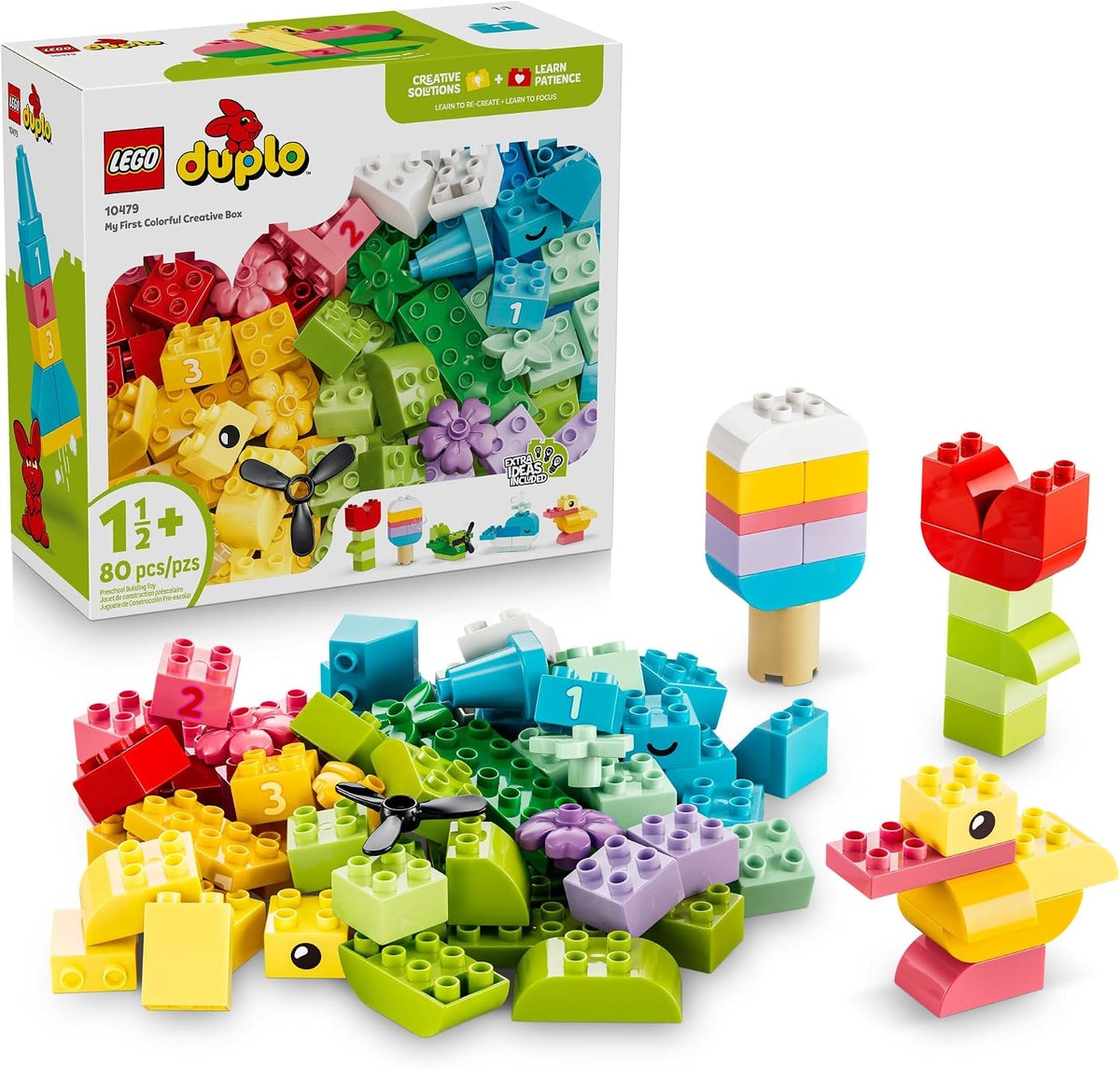 Ignite toddlers’ excitement and imagination with the LEGO® DUPLO® Classic Colorful Creative Box (10479) building toy. Unbox limitless creative play possibilities for kids as they assemble and reassemble the 80 pieces to free-build a range of toy animals, vehicles, food and more. With its assortment of colorful bricks, pieces and accessories, this creative set can fire young kids’ inventiveness. If they’re struggling to know where to start, the included inspirational instructions can provide construction ide