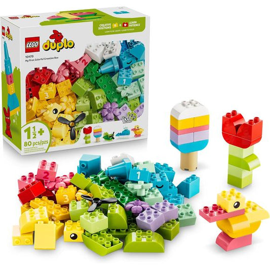 Ignite toddlers’ excitement and imagination with the LEGO® DUPLO® Classic Colorful Creative Box (10479) building toy. Unbox limitless creative play possibilities for kids as they assemble and reassemble the 80 pieces to free-build a range of toy animals, vehicles, food and more. With its assortment of colorful bricks, pieces and accessories, this creative set can fire young kids’ inventiveness. If they’re struggling to know where to start, the included inspirational instructions can provide construction ide