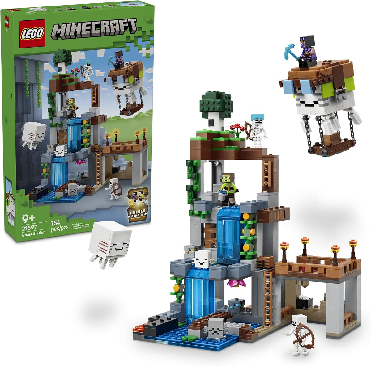 Splash down the waterfall into a LEGO® Minecraft® cave with the Ghast Station (21597) building set, a great gift idea for boys and girls ages 9 and up. Kids join 2 skeletons, a dried ghast, hydrated ghast, ghastling, happy ghast, ghast keeper and an aeronaut as they mine, battle, build and fly. Recreate the entire ghastling evolution in LEGO form, from dried ghastling to adult happy ghast, who can be given an aviator helmet and boat to craft a ghast blimp. Authentic accessories from the game include coal, i