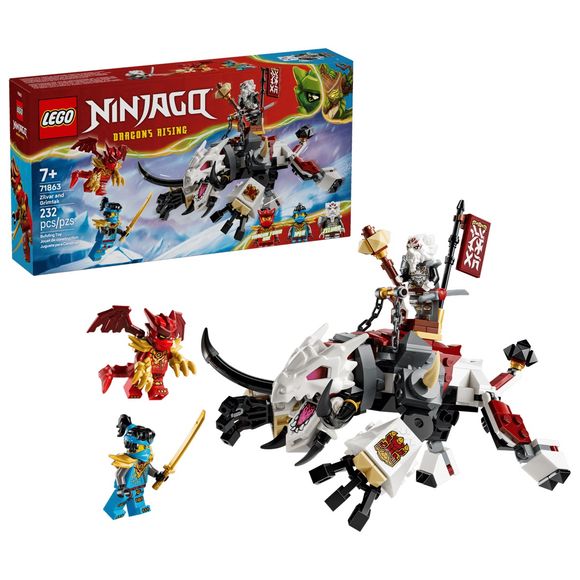 Play out daring missions from season 4 of the NINJAGO® Dragons Rising TV show with this LEGO® NINJAGO Zilvar and Grimtak the Dragon Beast (71863) monster toy for boys and girls ages 7 and up. This action figure has tusks and posable legs, arms and hands, plus a saddle on its back for a minifigure to ride. The building set also comes with 3 character minifigures so kids can create their own epic battles between heroes and villains, including dragon form Kai with claws and a tail, Nya with a golden sword and