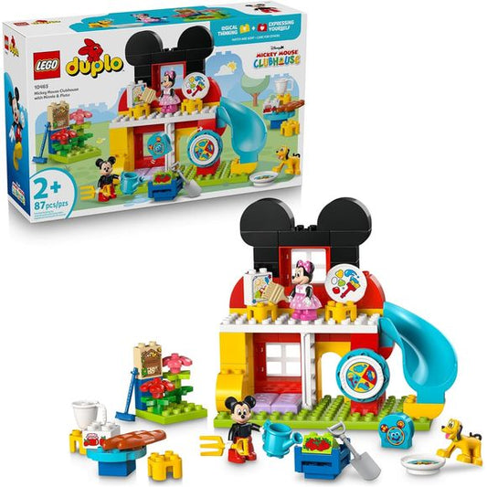 Bring Disney magic to playtime with the Mickey Mouse Clubhouse with Minnie & Pluto (10465) building toy for toddlers ages 2 years old and up. This set of building blocks features a 2-level clubhouse with a slide, an art room, a garden with a bug hotel, tables and chairs and a special door for Pluto. The construction playset includes LEGO DUPLO figures of Mickey Mouse, Minnie Mouse and Pluto, as well as a Toodles the computer decorated brick. Toddlers can spin the Mousekedoer to decide if the characters shou