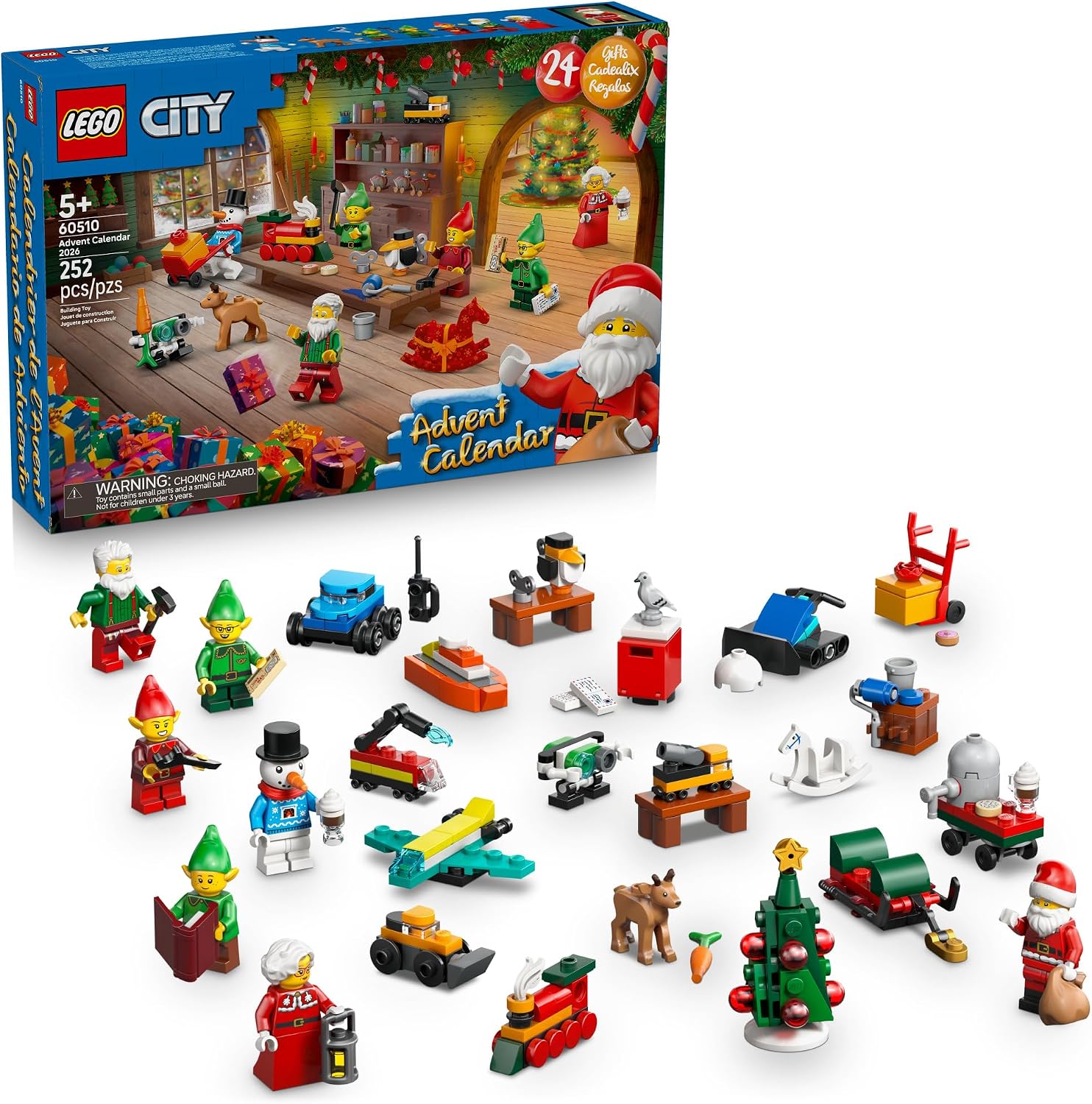 Start the countdown to Christmas with the LEGO® City Advent Calendar 2026 (60510), packed with fun-filled surprises for kids aged 5 and up. This year’s Christmas calendar is packed with seasonal mini builds and characters for creative activities, including Santa, Mrs. Claus figure, 3 elves, a snowman and a baby reindeer figure, plus fun accessories. Kids can also fold out the playmat on the box to unveil Santa’s workshop; the perfect setting for family fun and magical stories and imaginative play. This LEGO