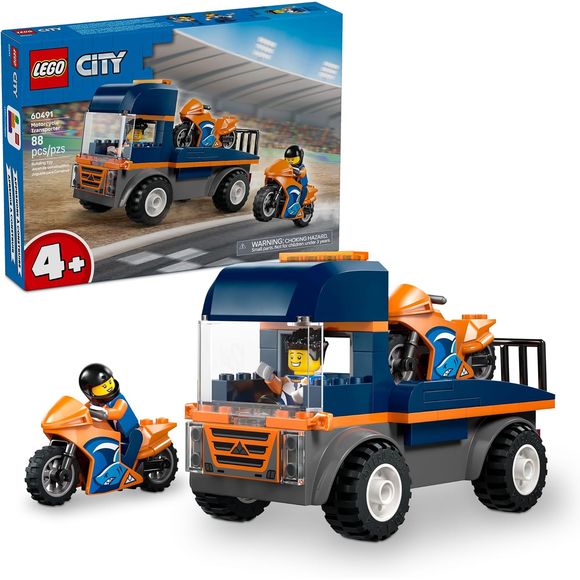 Introduce kids ages 4+ to a world of imaginative play with the LEGO® City Motorcycle Transporter (60491) toy building kit. This toy vehicles playset includes a flatbed truck toy with chunky rubber tires, 2 sporty motorcycle toys and 2 racer minifigures with helmets. Kids can load and unload the bikes using the ramp, play out epic motorcycle race action and seat a minifigure in the cab for fun on-the-road adventures. This easy-build toy playset includes a LEGO Starter Brick element, a simple pictorial guide