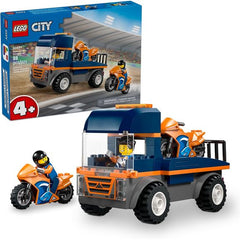 Introduce kids ages 4+ to a world of imaginative play with the LEGO® City Motorcycle Transporter (60491) toy building kit. This toy vehicles playset includes a flatbed truck toy with chunky rubber tires, 2 sporty motorcycle toys and 2 racer minifigures with helmets. Kids can load and unload the bikes using the ramp, play out epic motorcycle race action and seat a minifigure in the cab for fun on-the-road adventures. This easy-build toy playset includes a LEGO Starter Brick element, a simple pictorial guide