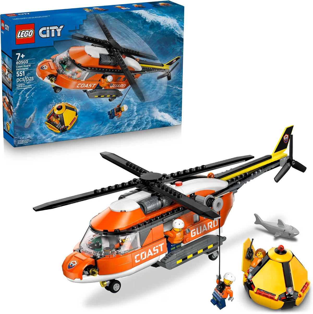 This LEGO® City Coast Guard Helicopter toy building set (60503) is packed with authentic details for fans of pretend play and emergency vehicle toys. The impressive red helicopter model features spinnable rotors, sliding side doors, a fold-down rear ramp and a detailed cockpit and fuselage. Kids can lower a crew member with the helicopter winch and the set also includes a rescue capsule that folds open for access to its interior. Just add the pilot, civilian, 2 coast guards and shark for hours of imaginativ