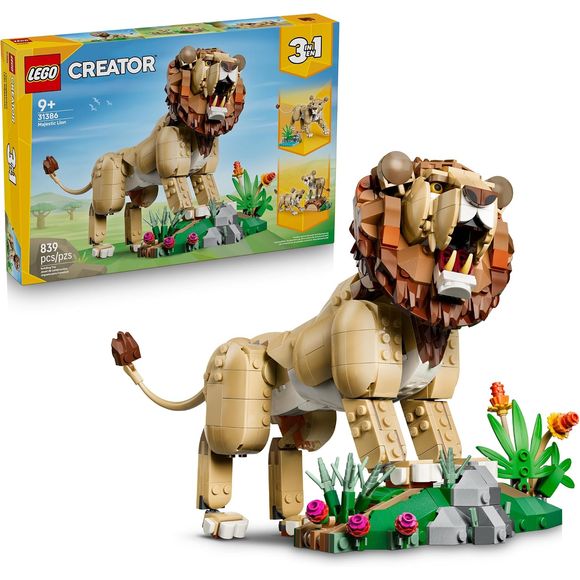 Role-play imaginative safari adventures with this LEGO® Creator 3 in 1 Wild Animals: Majestic Lion (31386) building set for boys and girls ages 9 and up. This highly detailed animal toy offers 3 different options with the same bricks. Kids can create a lion figure with posable features that can be positioned standing up or lying down. Reassemble the toy into a lioness or 2 playful cubs, all with movable parts. Display each model with its small side build featuring savanna rocks and plants to create a full n
