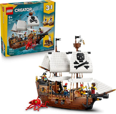 Play out swashbuckling adventures with this LEGO® Creator 3 in 1 Iconic Pirate Ship (31387) building toy for boys and girls ages 9 and up. This set is packed with plenty of features and offers 3 building options with the same bricks. Kids can create a large vessel featuring a moving anchor, posable sails, 2 cannons to fight off a sea monster with posable tentacles, a cabin with a desk and chair, a moving ship’s wheel, a secret compartment with a treasure chest and a crow’s nest. Remove a section of deck to