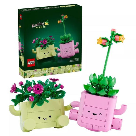 Young plant lovers can create a fun, colorful piece of plant decor that totally rocks with the LEGO Botanicals Rocking Plants (11506) building toy for girls and boys ages 9 years old and up. This creative construction set includes 2 cheerful LEGO plant builds in pastel-colored pots: a delosperma (ice plant) named Lumi with purple buds, and an echeveria named Ellie with a long stem and coral buds. Each pot comes with arms and legs, a smiley face and a rounded base that makes it rock when nudged. The pale gre