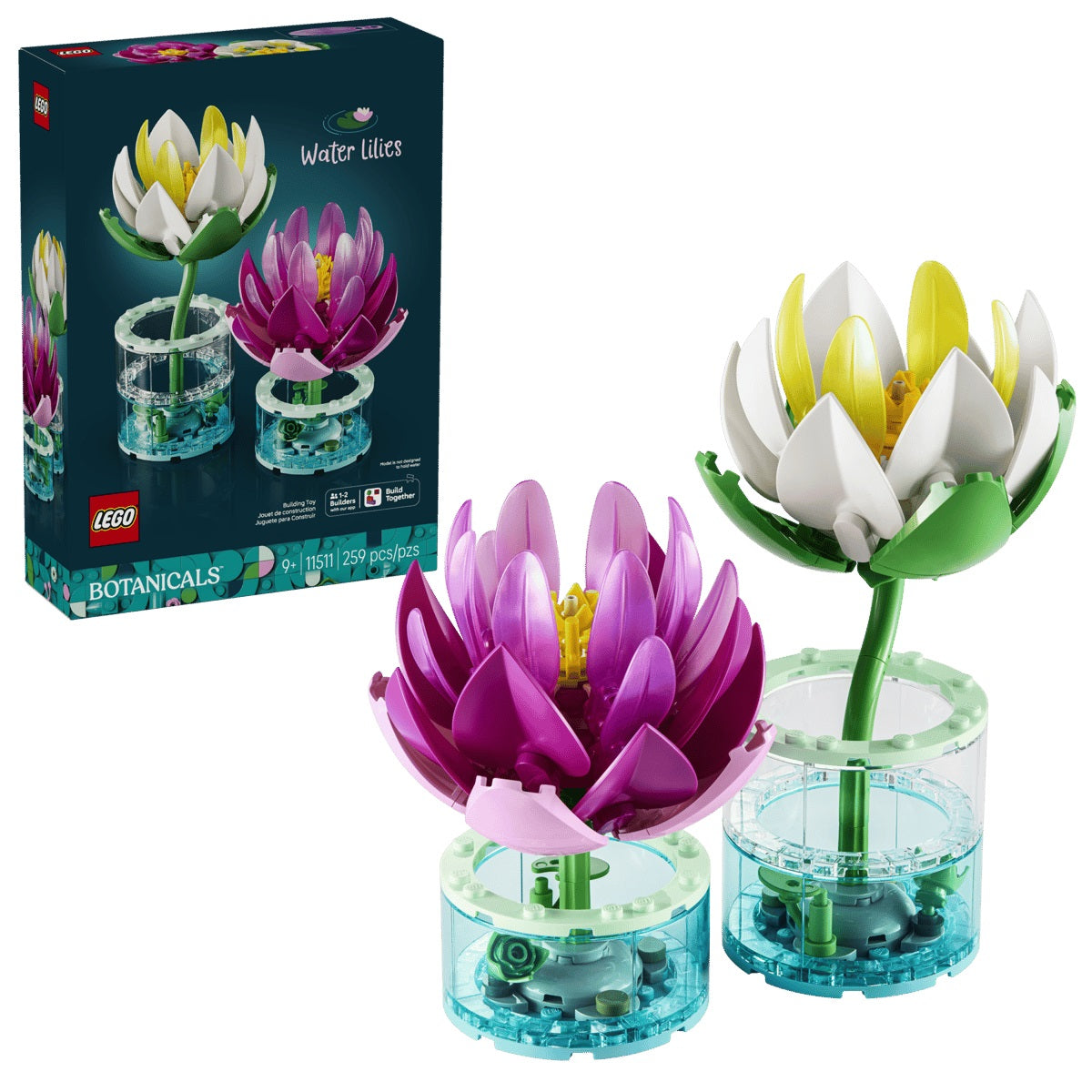 Bring the beauty of pond life home with the LEGO® Botanicals Water Lilies (11511) building set for girls, boys and plant lovers ages 9 and up. Kids’ imaginations will blossom as they craft 2 LEGO water lilies and discover charming details. The set includes a white water lily with yellow accents and a vibrant pink water lily, plus transparent vases for authenticity – the transparent blue elements transition into transparent colorless elements at the top to give the illusion that the vases are holding water.