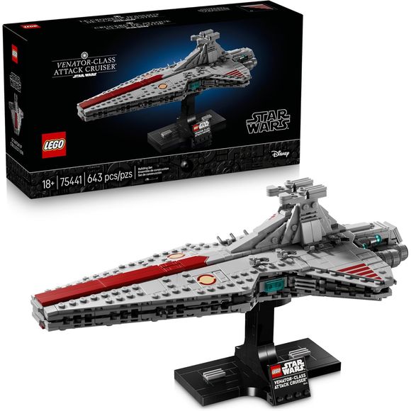 Recreate the Battle of Coruscant with the LEGO Star Wars Venator-Class Attack Cruiser (75441) building set for adults. This detailed model kit lets fans recreate the distinctive silhouette and authentic details of one of the most versatile starships in the Galactic Republic's fleet. Once their model is constructed, builders can display their creation on the included stand with a nameplate and lift off the top section to reveal the hangar bay, making an eye-catching addition to any home office, bedroom or bo