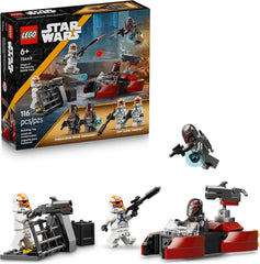 Treat kids to an awesome Battle Pack (75449) to play out their own version of the Siege of Mandalore from Star Wars: The Clone Wars™. This toy building set features 4 LEGO® Star Wars™ minifigures – 2 Mandalorian Super Commandos and 2 Ahsoka versions of 332nd Clone Troopers, a Mandalorian speeder, the Clone Troopers’ barricade and lots of accessories for action-packed play. Activate the speeder’s stud-shooting blaster and fire back with the stud shooter mounted on the barricade. Strap on the Commandos’ jetpa