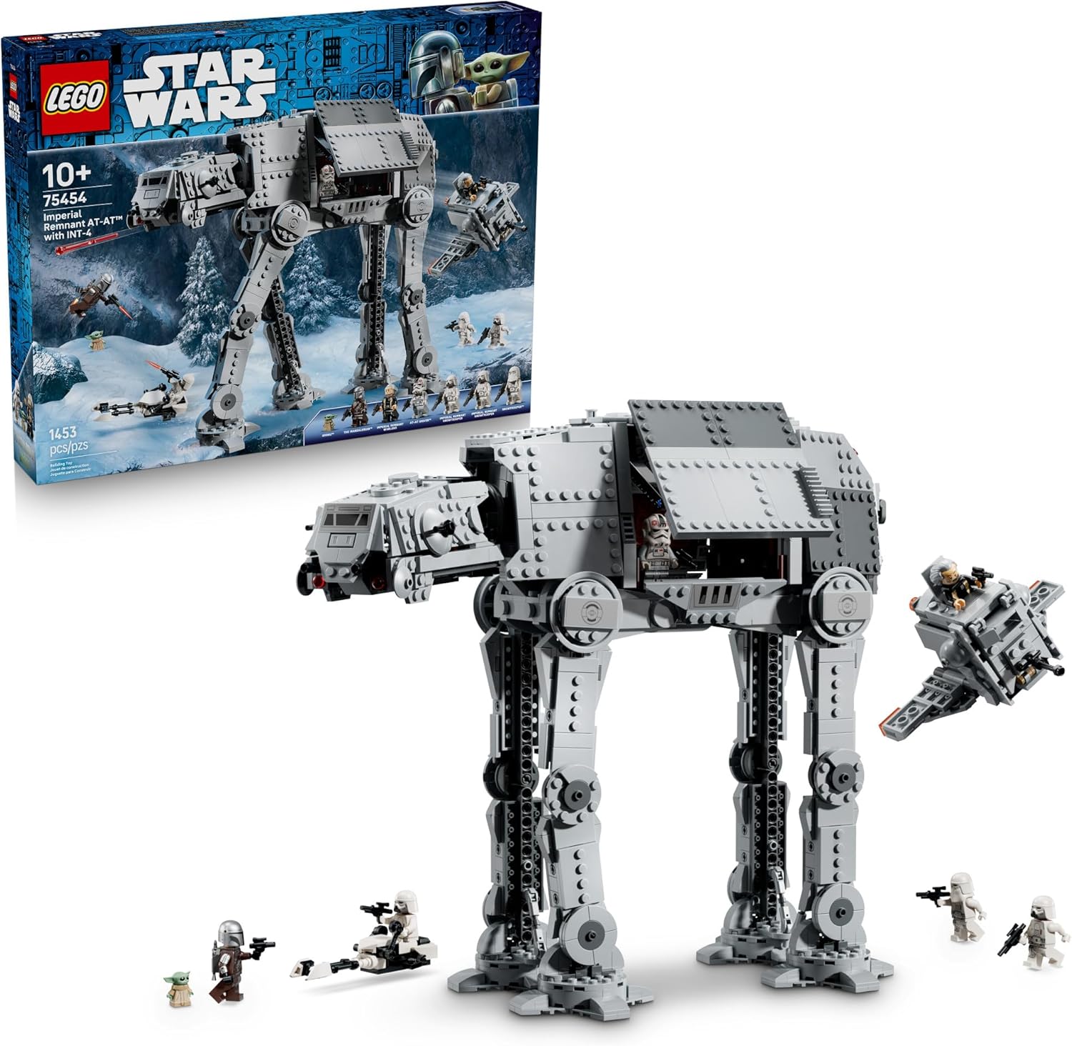 Relive epic scenes from Star Wars: The Mandalorian and Grogu with the LEGO Star Wars Imperial Remnant AT-AT with INT-4 (75454). This detailed 1,453-piece building set features an AT-AT with an opening cockpit, side panels, hatches, posable head and legs, and 2 spring-loaded shooters. Inside, kids can discover a buildable INT-4 vehicle with fold-out wings and a speeder bike stored in the rear. The set includes 7 characters and battle accessories for recreating Mando and Grogu’s showdown with the Imperial Rem