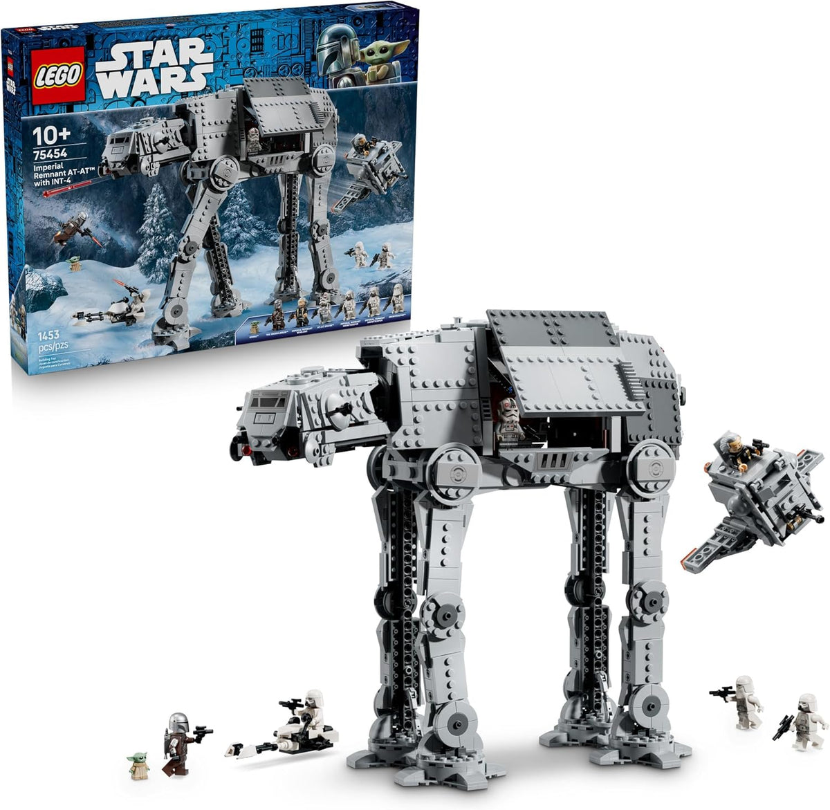 Relive epic scenes from Star Wars: The Mandalorian and Grogu with the LEGO Star Wars Imperial Remnant AT-AT with INT-4 (75454). This detailed 1,453-piece building set features an AT-AT with an opening cockpit, side panels, hatches, posable head and legs, and 2 spring-loaded shooters. Inside, kids can discover a buildable INT-4 vehicle with fold-out wings and a speeder bike stored in the rear. The set includes 7 characters and battle accessories for recreating Mando and Grogu’s showdown with the Imperial Rem