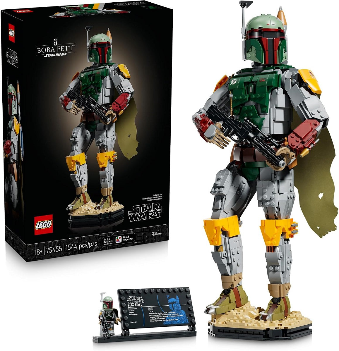 “He’s worth a lot to me.” Pay homage to the supercool bounty hunter and enjoy a relaxing activity while immersing yourself in the challenge of building this LEGO® Star Wars™ collectible figure (75455). Recreate the armored outfit he wore in Star Wars: Return of the Jedi™, with his signature helmet, jetpack and a fabric cape. Construct a blaster for him to hold and adjust his head, arms and hands for different battle poses. He stands on a base representing the sands of the desert planet Tatooine. Place this