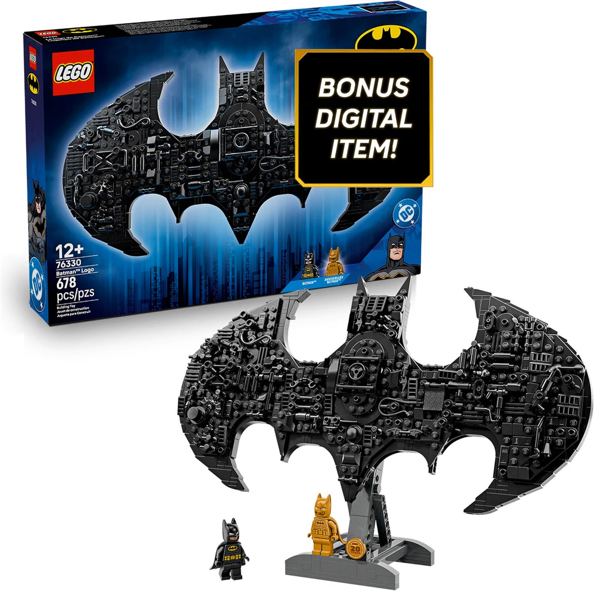 Send out the ultimate Bat-Signal with this LEGO DC Batman: Batman Logo (76330) building set gift for boys, girls and kids ages 12 years old and up. Celebrating the 20 years of LEGO DC Batman, this collectible piece of room decor features the iconic symbol with 2 minifigures and a host of accessories. Display the Batman signal on its stand or mounted on a wall using the built-in support. The model is decorated with well-known items from the DC Universe which can be detached and repositioned, including Batara