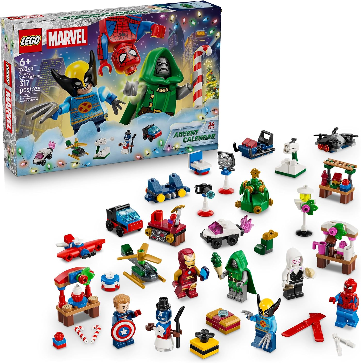 Give kids a Super Hero start to the holiday season with the LEGO® ǀ Marvel Advent Calendar 2026 (76340), 24 days of Christmas gifts for boys and girls ages 6 years old and up. Includes lots of small building toys, plus 6 LEGO ǀ Marvel minifigures with festive accessories.
Behind each door is a gift for kids to uncover, including Captain America with a candy cane and shield, Iron Man's present-wrapping robot, a Captain America-themed airplane, Captain America-themed photo booth, Dr. Doom-themed stall selling