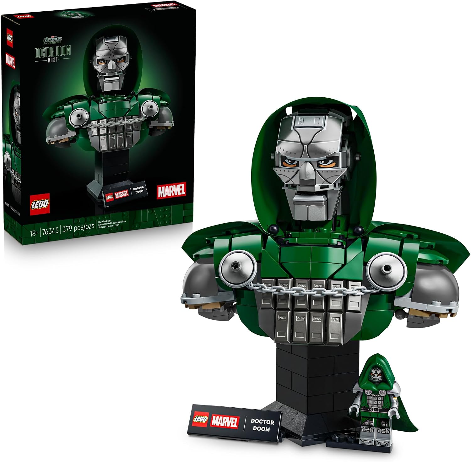 Capture the majestic menace of Marvel’s masked monarch with the stunning Doctor Doom Bust (76345), a LEGO® ǀ Marvel collectible set for adult enthusiasts to build and display. This impressive Marvel decor makes a thoughtful gift for the Super Hero in your life, or a rewarding treat for yourself. The build-and-display model recreates Doctor Doom’s appearance in the Avengers: Doomsday movie from Marvel Studios. It features a repositionable neck and jaw, foil hood and cape, and realistic eye and mask details.