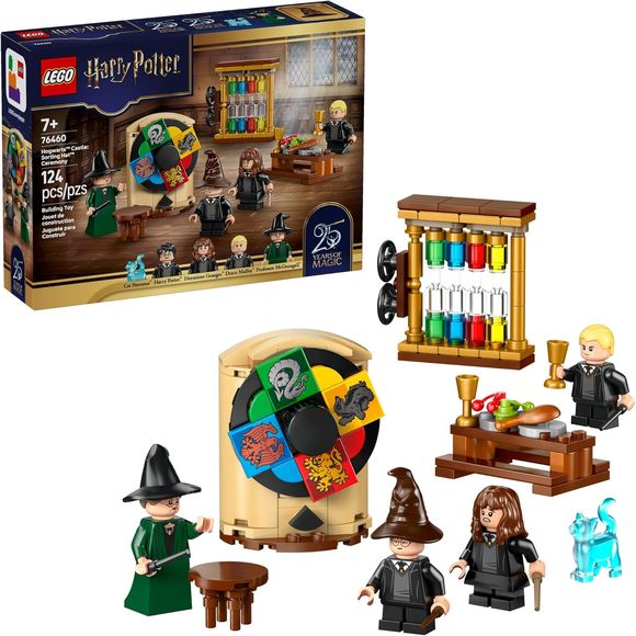 Relive the Sorting Hat ceremony at Hogwarts Castle from Harry Potter and the Sorcerer's Stone with the LEGO Harry Potter Hogwarts Castle: Sorting Hat Ceremony (76460) building toy for boys and girls ages 7 years old and up. A fun Harry Potter gift for kids and fans, it features 4 LEGO Harry Potter minifigures: Professor McGonagall, Harry Potter, Hermione Granger and Draco Malfoy. Place the Sorting Hat on each student and spin the sorting wheel to discover which Hogwarts house they will join. A dinner table