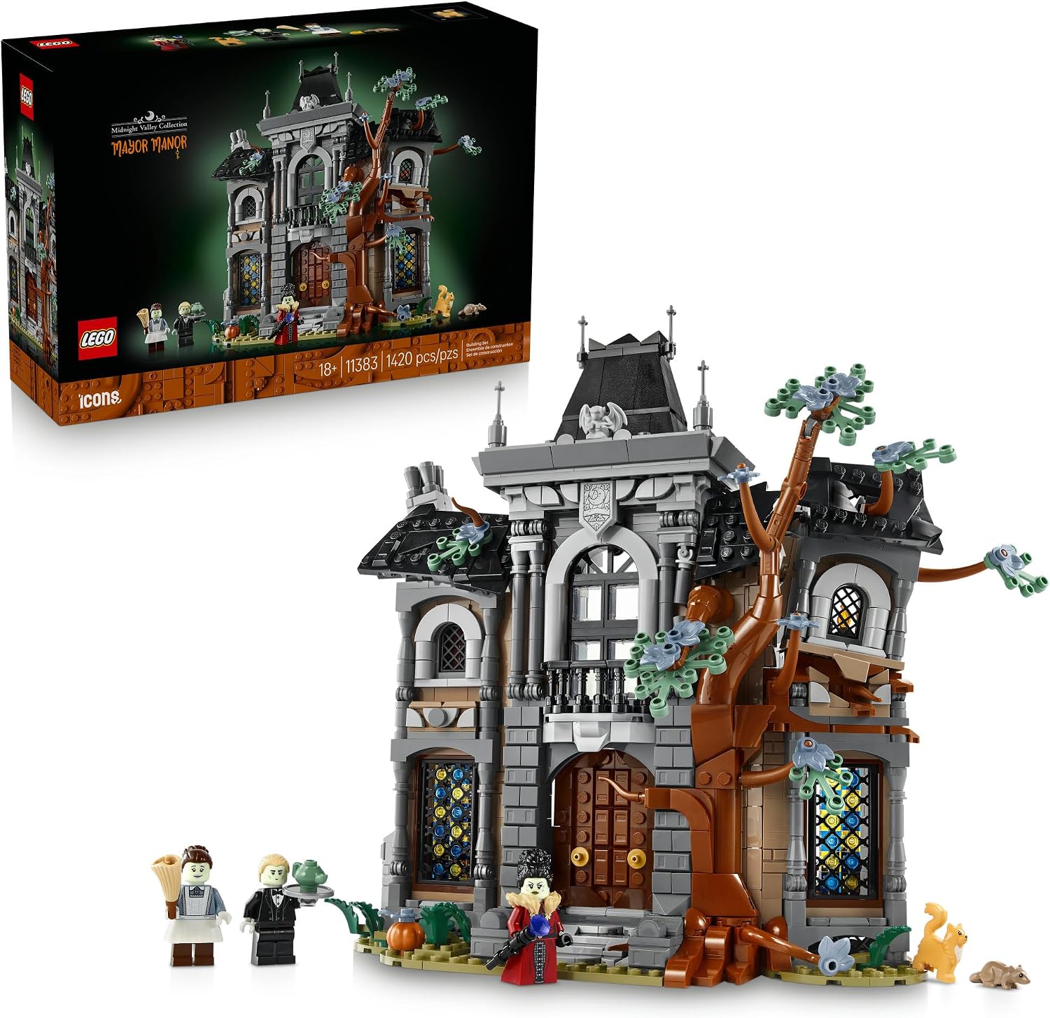 Welcome to a world of mystery with the LEGO® Icons Mayor Manor (11383). This quirky mansion is the first from the Midnight Valley Collection – a series of collectible building sets designed for adults, where distorted and asymmetrical constructions create a haunting atmosphere. Immerse in an engaging project as you craft intricate details across the manor’s crooked facade, complete with tilted angles, weathered textures and an old tree nestled comfortably into the brickwork. Explore the 2-story interior wit