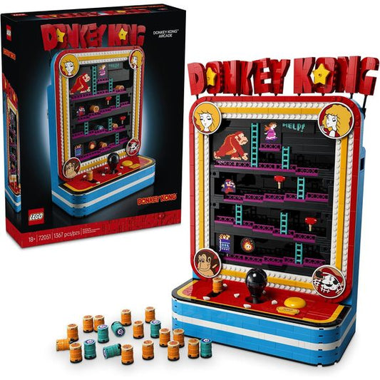 Recreate the barrel-launching and leaping action of the classic arcade game with this LEGO® Donkey Kong™ Arcade (72051) building set for adults. The model pays homage to the original arcade cabinet game and makes playful retro decor for your entertainment room or home office. It features Jumpman, Donkey Kong and Lady, plus iconic scaffold, ladder and hammer details. Pull the lever to release a barrel at a time, as if thrown by Donkey Kong. Then move Jumpman with the joystick and press the button to make him