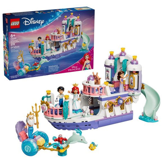 Make a splash with this Disney’s The Little Mermaid building toy from the LEGO® ǀ Disney Princess collection. Young fans ages 6 and up can create Ariel’s Royal Wedding Boat (43299) and play out endless creative stories. Explore details and accessories inspired by the movie, including a dance floor, an opening upper deck with Vanessa’s mirror (and Ursula’s reflection!), a bedroom with treasure storage, a slide on the upper deck and a small dolphin chariot. Kids can recreate movie scenes or tell their own sto