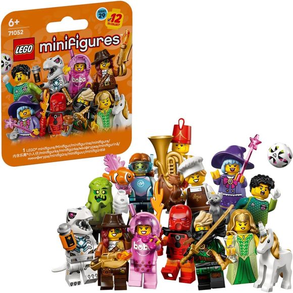 Excite a young builder and surprise them with 1 of 12 collectible characters from a LEGO® Minifigures Series 29 (71052) mystery box for boys and girls ages 6 and up. Each box contains 1 minifigure from a total of 12 small toys to collect: Soccer Goalkeeper, Marine Biologist, Tuba Player, Unicorn Elf, Monster Hunter, Robot T. rex, Chocolatier, Boba Cup Fan, Bionicle Cosplayer, Mysterious Ronin, Cute Witch and Trash Monster. Each of the 12 minifigures comes in a sealed mystery box and is accompanied by at lea